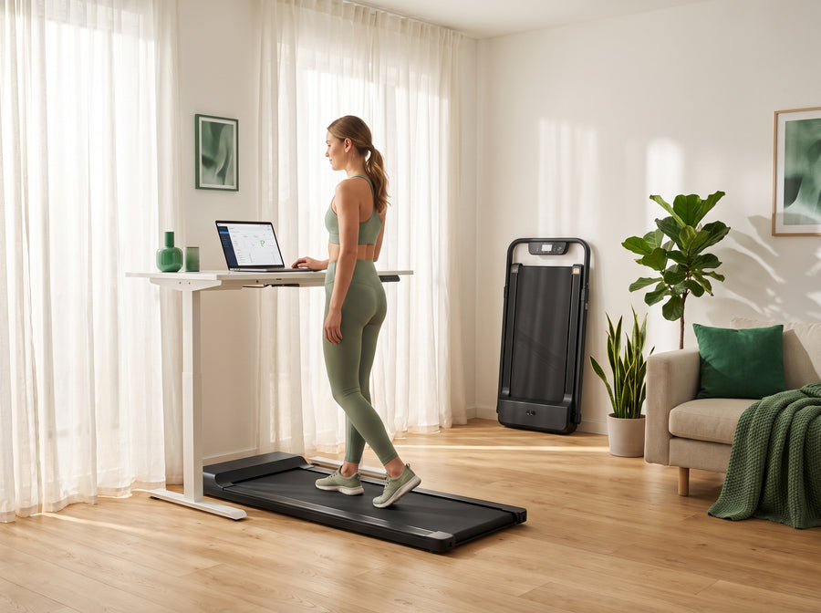Tapis de marche StepDesk déplié sous un bureau